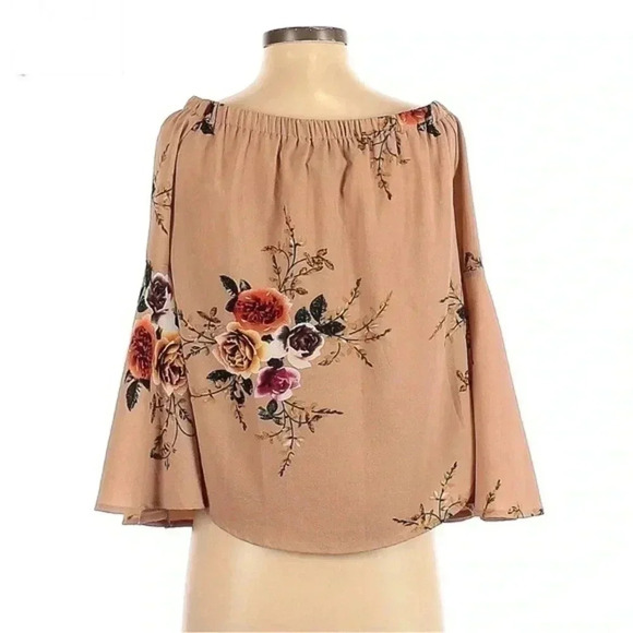 Haute Rogue Tan Cream Floral Bohemian Boho Off The Shoulders Blouse Size S - Picture 2 of 2
